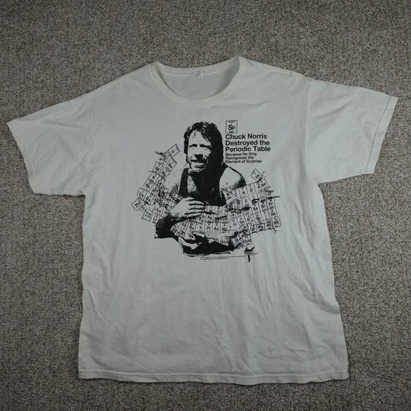 Chuck Norris Destroyed the Periodic Table Funny Graphic T-Shirt White Large - Picture 2 of 6